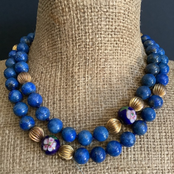 Vintage genuine lapis & Chinese cloisonné beaded necklace.